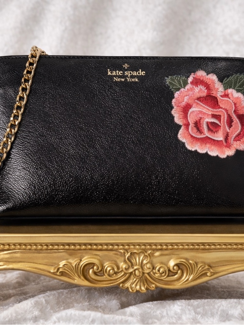 Kate spade Black Leather Floral Crossbody Bag.